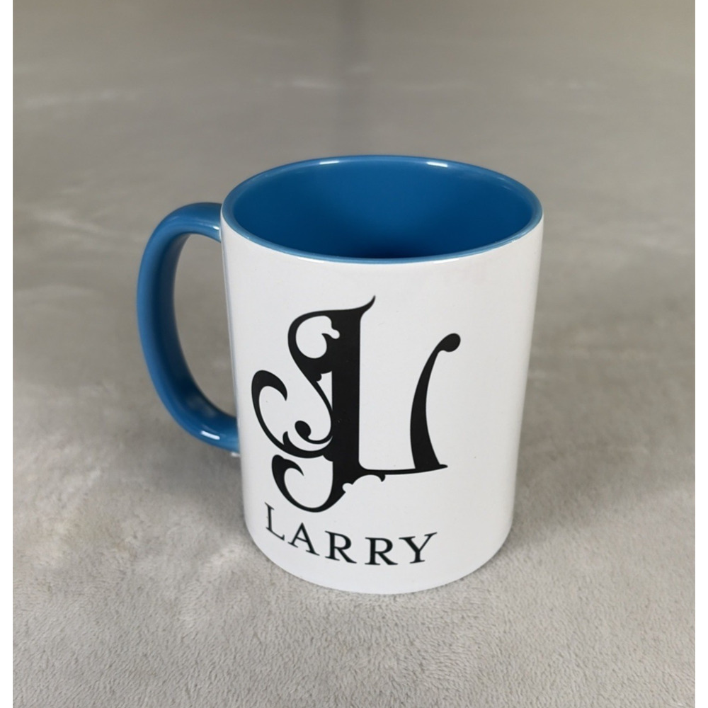 Personalized "L" Larry Gift Coffee Mug Ceramic Cup 11oz Blue Interior Blk Letter